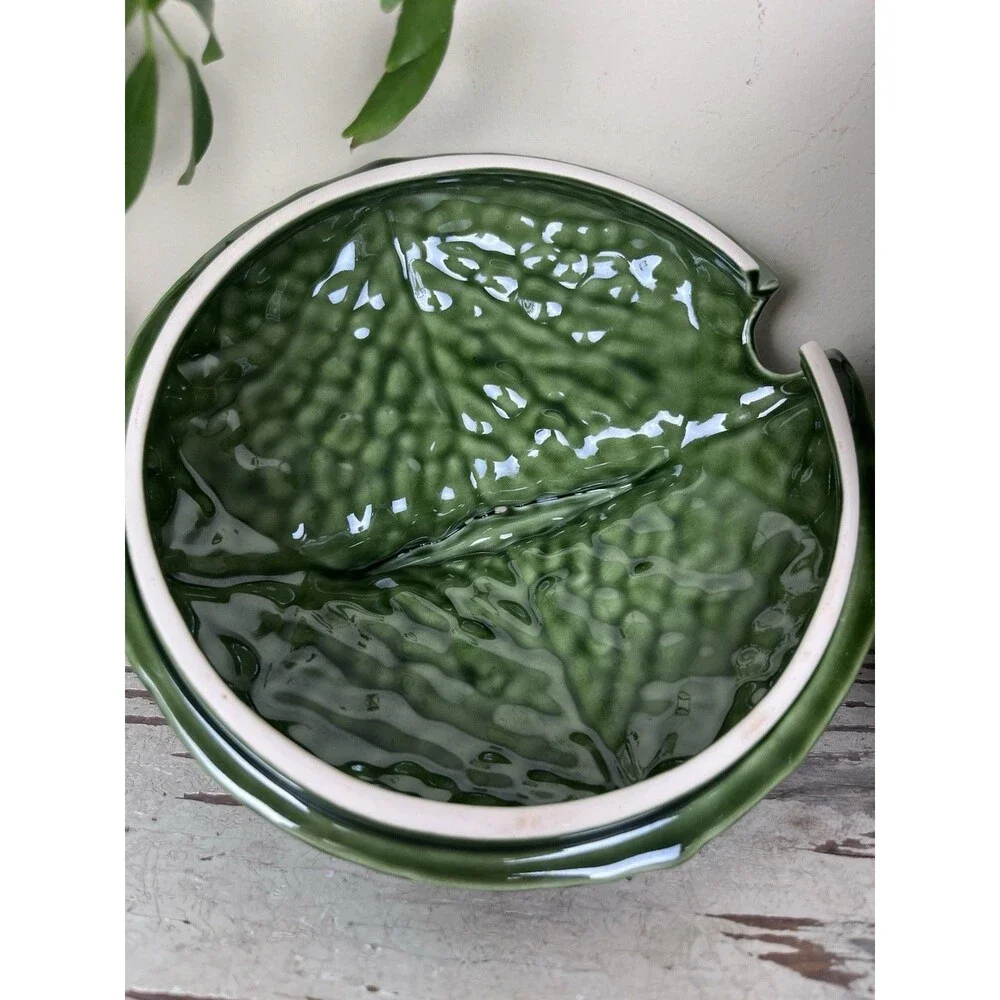 Vintage Majolica Portugal Cabbage Green Lidded Tureen 10.5” x 8” READ